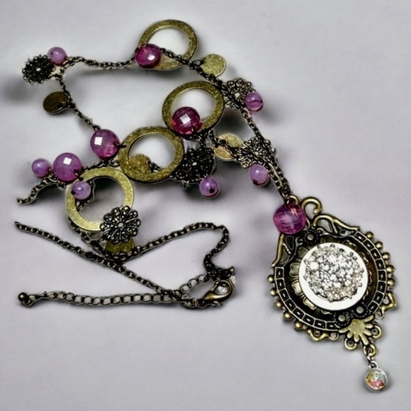 Hand Crafted Repurposed Antique Gold Tone Button and Crystal Drop Necklace - Picture 1 of 12